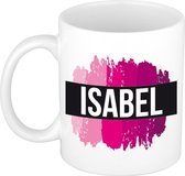 Isabel  naam cadeau mok / beker met roze verfstrepen - Cadeau collega/ moederdag/ verjaardag of als persoonlijke mok werknemers