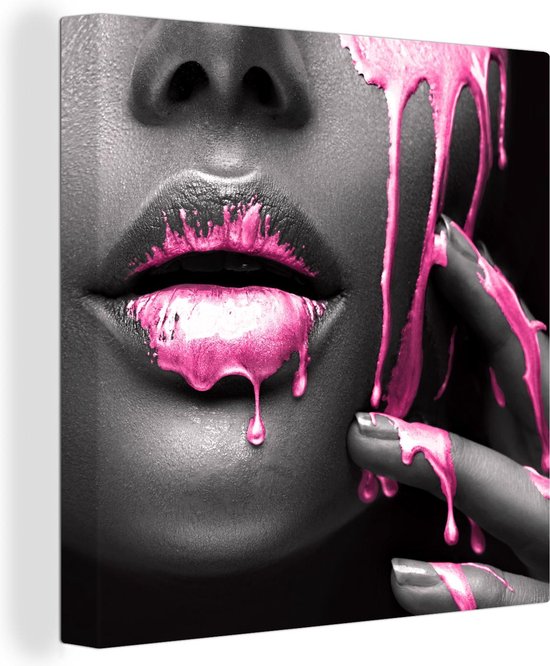 Canvas Schilderij Lippen - Roze - Zwart - 90x90 cm - Wanddecoratie