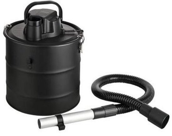 Een zwarte aszuiger met een metalen reservoir, een handvat, en een zwarte flexibele slang met zilverkleurige buis.