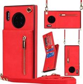 Voor Huawei Mate 30 Pro Cross-body Rits Vierkante TPU + PU Achterkant Case met Houder & Kaartsleuven & Portemonnee & Riem (Rood)