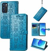 Voor OPPO Reno6 5G Leuke Kat en Hond Reliëf Horizontale Flip Lederen Case met Houder & Kaartsleuven & Portemonnee & Lanyard (Blauw)