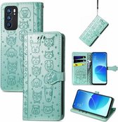 Voor OPPO Reno6 5G Leuke Kat en Hond Reliëf Horizontale Flip Lederen Case met Houder & Kaartsleuven & Portemonnee & Lanyard (Groen)