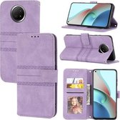 Voor Xiaomi Redmi Note 9 5G Reliëf Gestreepte Magnetische Gesp PU + TPU Horizontale Flip Lederen Case met Houder & Kaartsleuf & Portemonnee & Fotolijst & Sling (Paars)