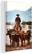 Canvas Schilderij Cowboy - Koeien - Amerika - 80x120 cm - Wanddecoratie