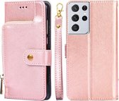 Voor Samsung Galaxy S21 5G Rits Tas PU + TPU Horizontale Flip Lederen Case met Houder & Kaartsleuf & Portemonnee & Lanyard (Rose Goud)