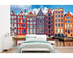 Behang - Fotobehang Grachtenpanden - Water - Amsterdam - Breedte 330 cm x hoogte 220 cm
