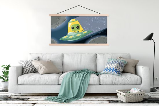 Illustration pour enfants d'un extraterrestre dans un OVNI affiche textielposter lattes vierges 120x60 cm - Tirage photo sur plaque scolaire (décoration murale salon / chambre)