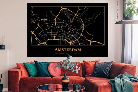 Poster Carte - Amsterdam - Or - Zwart - 180x120 cm XXL