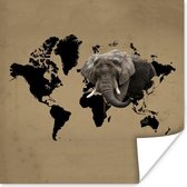 Muurdecoratie - Wereldkaart - Olifant - Bruin - 50x50 cm - Poster