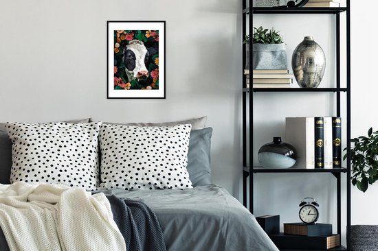 Affiche avec cadre Vache - Fleurs - Feuilles - Animaux - 30x40 cm