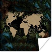 Muurdecoratie - Wereldkaart - Bloemen - Blauw - 50x50 cm - Poster