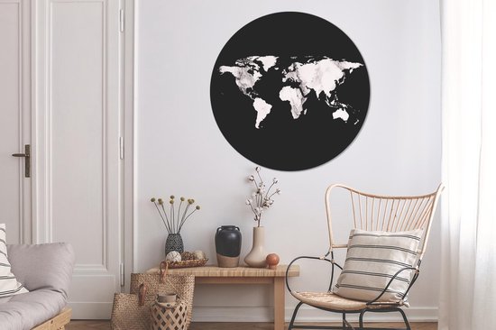 WallCircle - Wandcirkel - Muurcirkel - Wereldkaart - Zwart Wit - Marmer - Aluminium - Dibond - ⌀ 140 cm - Binnen en Buiten