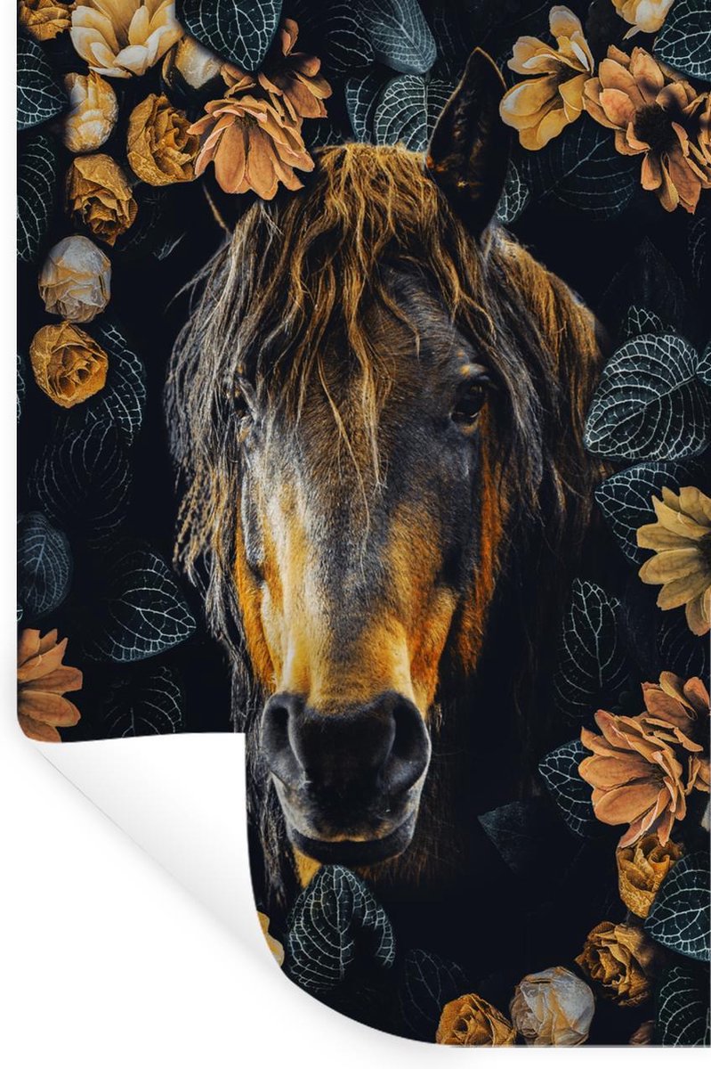 Muurstickers - Sticker Folie - Paard - Bloemen - Oranje - 20x30 cm - Plakfolie - Muurstick