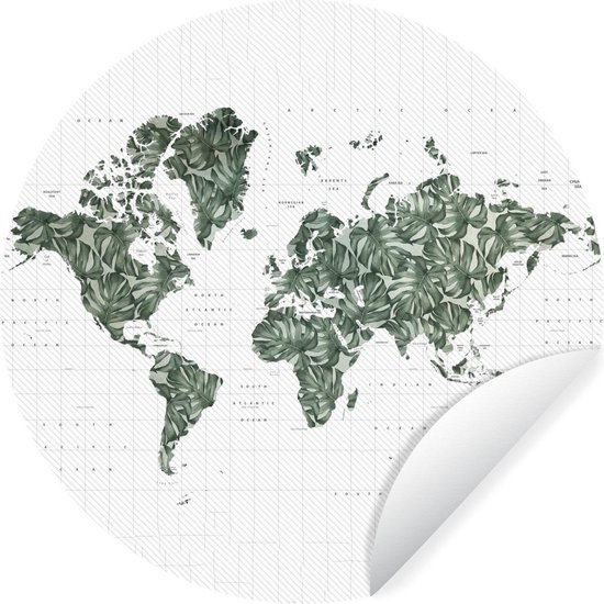 WallCircle - Muurstickers - Behangcirkel - Wereldkaart - Groen - Bladeren - 100x100 cm - Muurcirkel - Zelfklevend - Ronde Behangsticker XXL