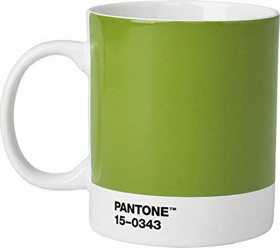 Groene Pantone 15-0343 mok met witte onderkant en oor.