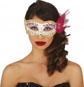 oogmasker met veren dames polyester wit/roze