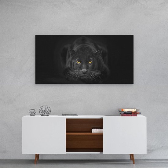 Artaza Canvas Schilderij Zwarte Panter Met Oranje Ogen - 100x50 cm - Groot - Wanddecoratie Woonkamer - Schilderijen - Muurdecoratie