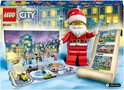 LEGO City Adventskalender met grote kerstman, uitgeklapte kalender en lijst met bouwpakketten.