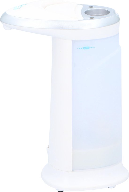 Witte automatische zeepdispenser, zilveren rand, transparant reservoir met indicatielampjes.