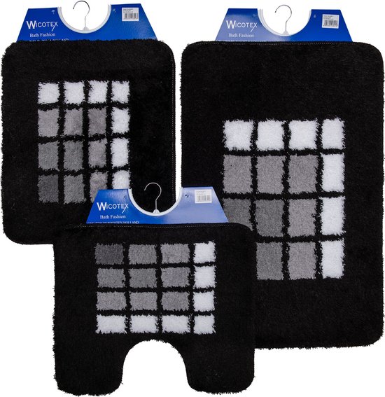 Wicotex-Badmat-set-Badmat-Toiletmat-Bidetmat zwarte rand geblokt-Antislip onderkant-WC mat-met uitsparing