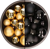 Kerstversiering kunststof kerstballen kleuren mix zwart/goud 4-6-8 cm pakket van 68x stuks