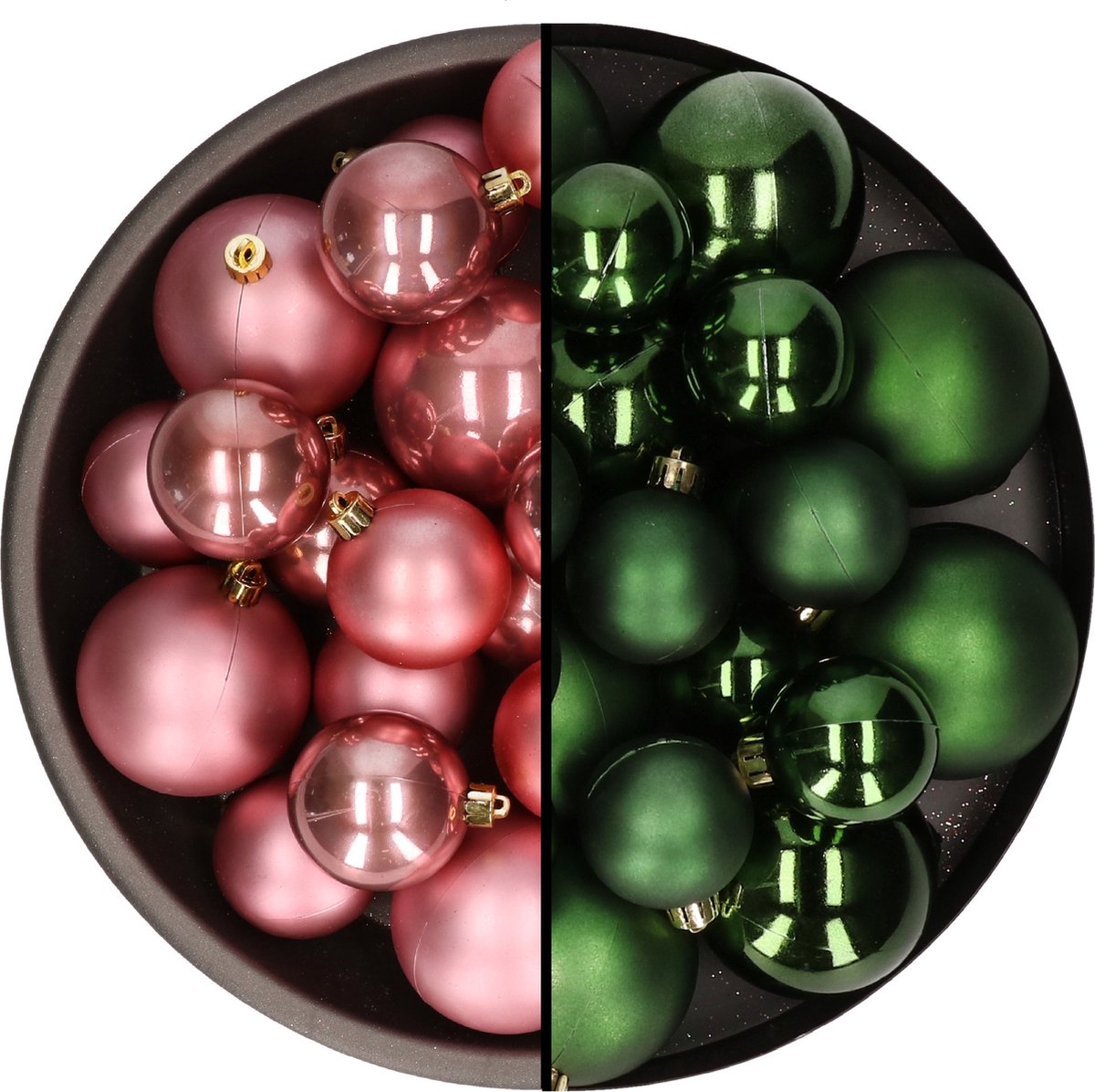 Kerstversiering kunststof kerstballen kleuren mix oud roze/donkergroen 6-8-10 cm pakket van 44x stuks
