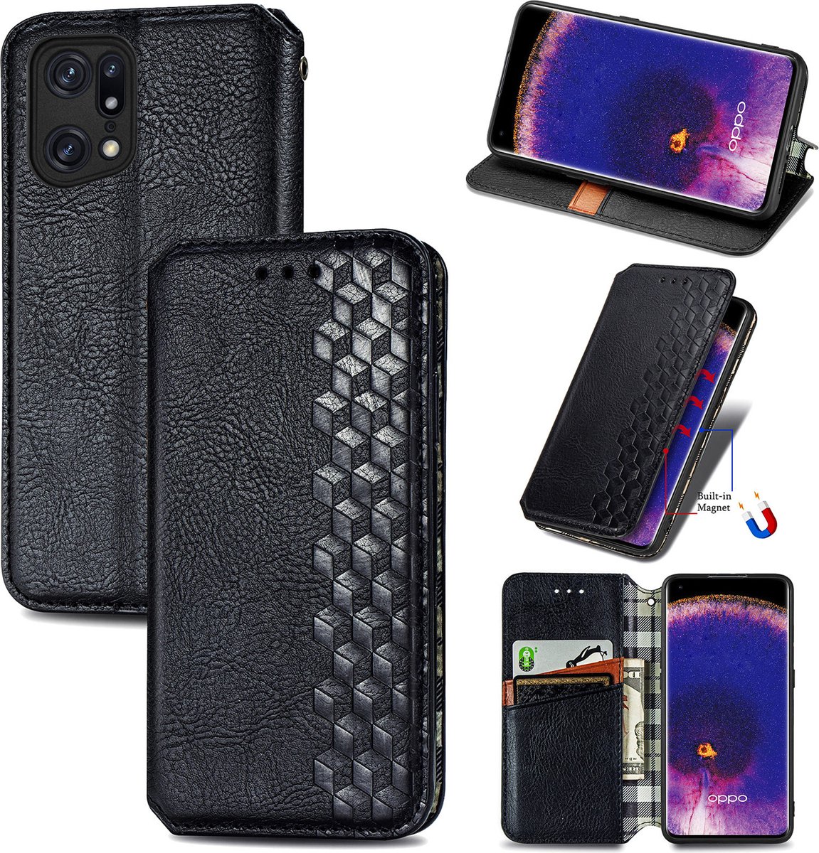 Luxe PU Lederen Ruitpatroon Wallet Case + Screenprotector voor OPPO Find X5 Pro_ Zwart