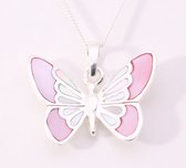 Zilveren vlinder hanger met roze en witte parelmoer aan ketting