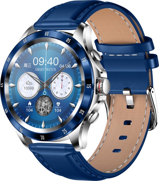 Belesy® XTRA - Smartwatch Heren – Smartwatch Dames - Horloge – Stappenteller – Calorieën - Hartslag – Bel functie - Je eigen foto als wijzerplaat - Kleurenscherm - Full Touch – Blauw - Leer - Moederdag