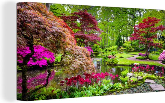 OneMillionCanvasses - Canvas schilderij - Bomen - Bloemen - Japans - Natuur - Water - Canvas doek - Schilderijen op canvas - 160x80 cm - Muurdecoratie