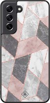 Casimoda® hoesje - Geschikt voor Samsung Galaxy S21 FE - Stone grid marmer / Abstract marble - Zwart TPU Backcover - Geometrisch patroon - Roze