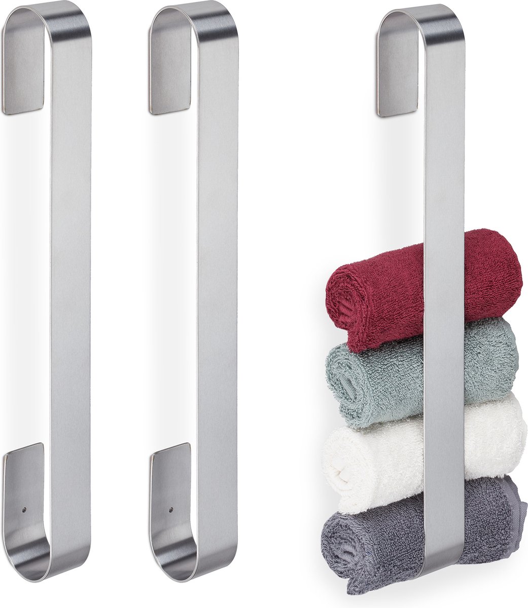 Relaxdays 3x handdoekrek zelfklevend - handdoekhouder rvs - handdoekenrek zonder boren
