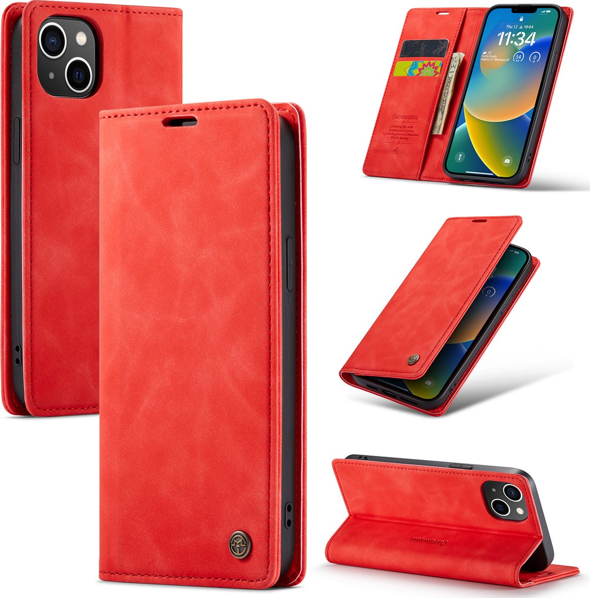 Casemania Hoesje Geschikt voor Apple iPhone 14 Crimson Red - Dunne Portemonnee Book Case - Slim Wallet Case met Pasjeshouder