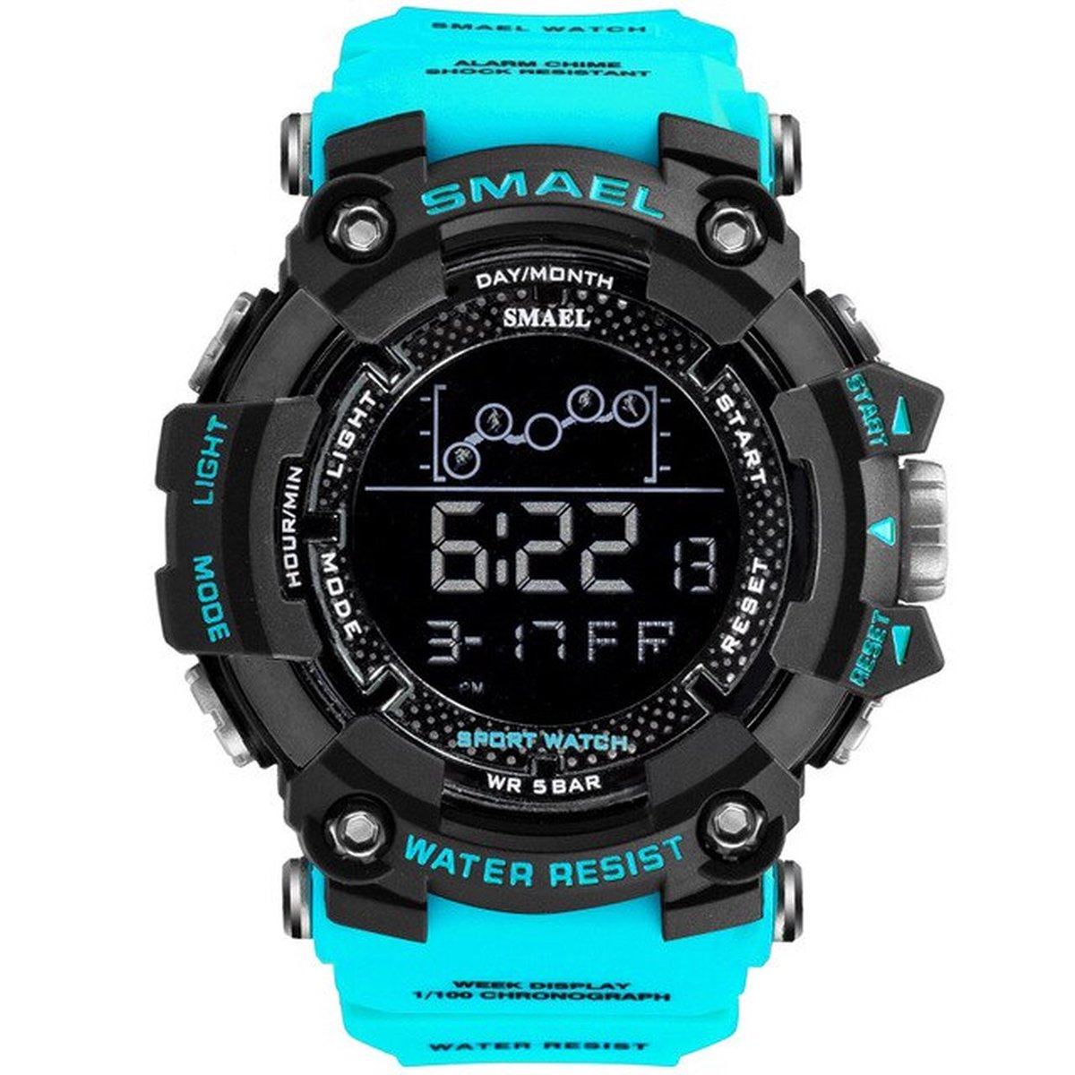 Digitaal Shockbestendig Horloge Zwart Blauw | Smael | Waterdicht 5ATM | Glow in dark | turquoise | Mud Master | Mudmaster | Shock | Licht | Rubberen band | 1802 | Timer | Eyecatcher | Master | kado | Cadeau