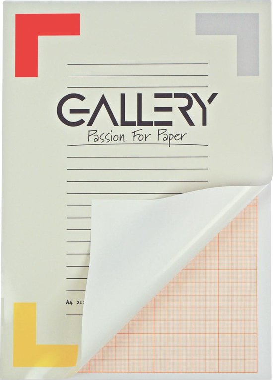 Gallery millimeterpapier, A4, 50 vel. Met de tekst "GALLERY Passion For Paper" en gekleurde L-vormige hoeken.