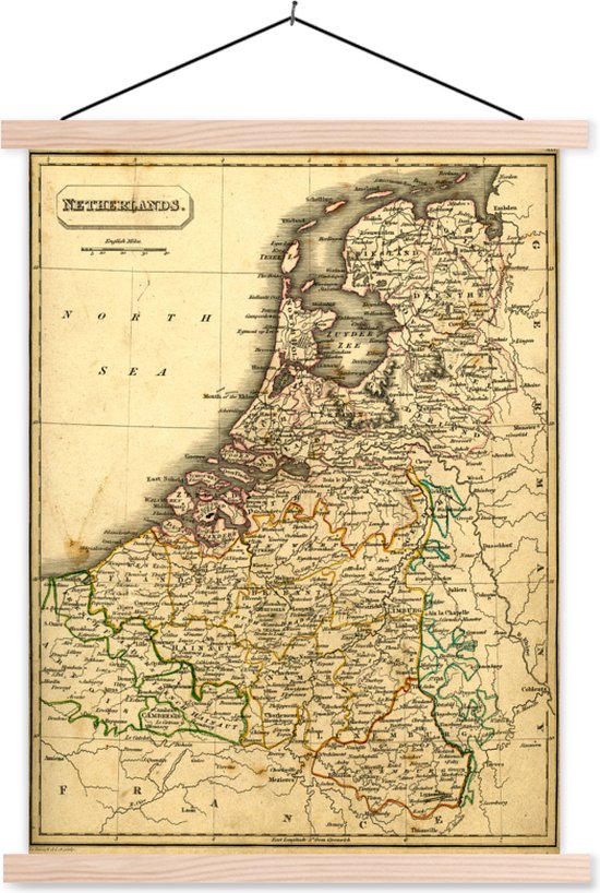 Posterhanger incl. Poster 120x160 cm - Schoolplaat - Groezelige kaart van Nederland - Textielposter - Blanke latten