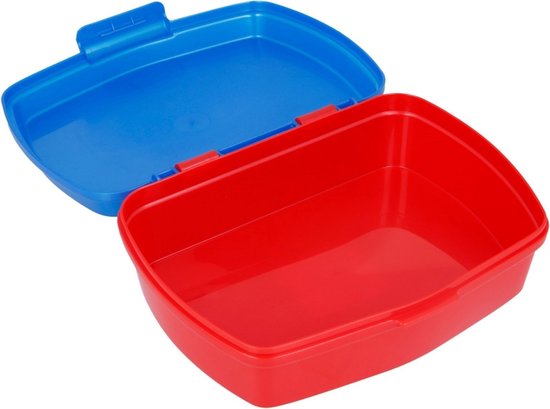 Couvercle bleu et fond rouge d'une boîte à pain ouverte, en plastique.