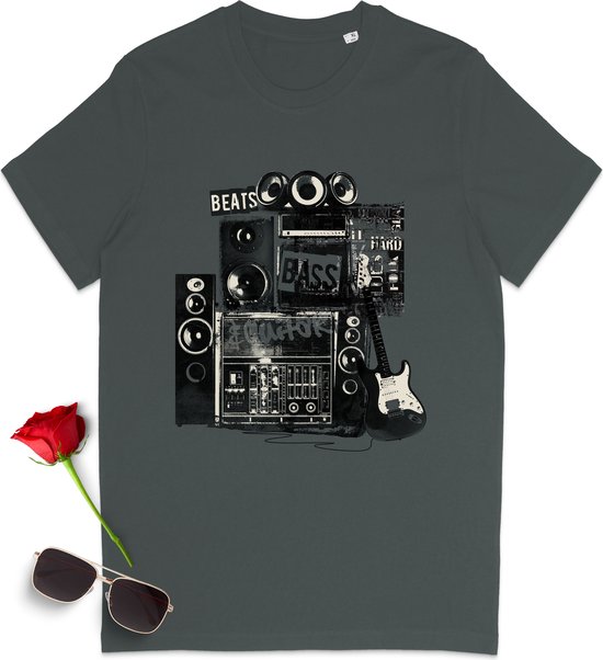 T shirt met gitaar print heren en dames - Muziek tshirt voor vrouwen en mannen - Unisex maten: S t/m 3XL - Tshirt kleur: anthracite.