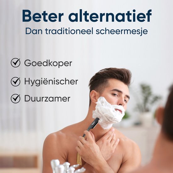 Man scheert zich met een klassiek open scheermes, met tekst "Beter alternatief".