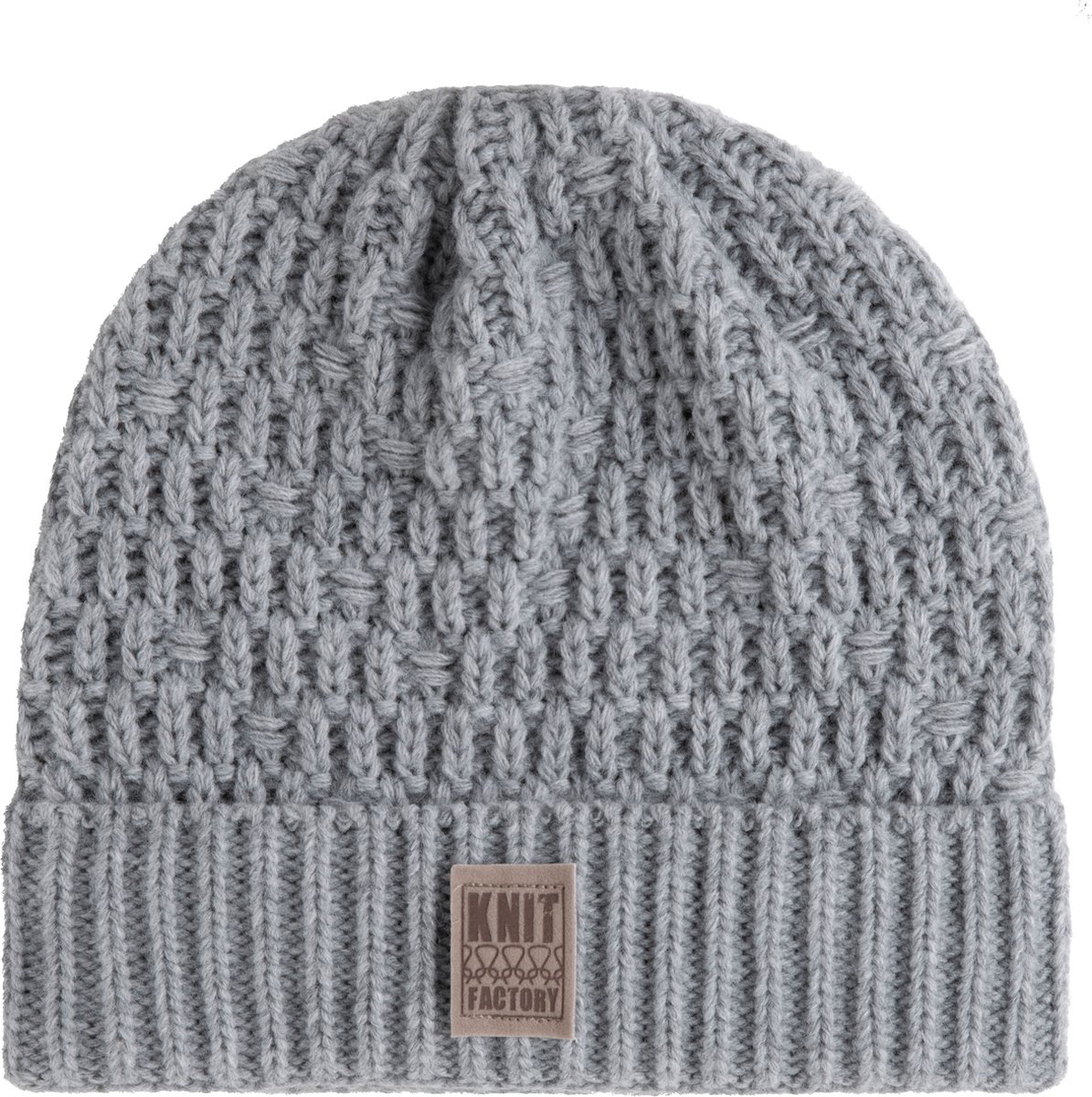 Knit Factory Jaida Gebreide Muts Heren & Dames - Beanie hat - Licht Grijs - Warme lichtgrijze Wintermuts - Unisex - One Size