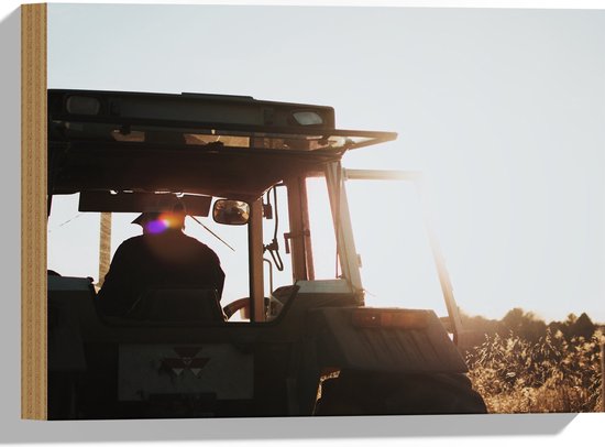 WallClassics - Hout - Boer op Traktor met Zonnetje - 40x30 cm - 12 mm dik - Foto op Hout (Met Ophangsysteem)