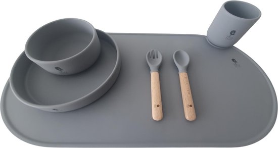 7 delige set Siliconen Kinderservies set - Superieure kwaliteit - grijs -( cloudy ) - Eetset peuter-Baby Servies-Kinderservies- Onbreekbaar - Babybestek - 100% Siliconen BPA-vrij - Oven-, Vriezer- en Vaatwasserbestendig - Kraamcadeau -Babyshower van Chickaboo. — afbeelding 2