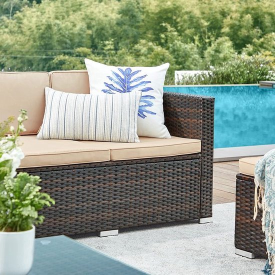 Loungeset - met Kussens en Glazen Tafel - Tuinmeubel - Terras - Balkon - Rotanlook