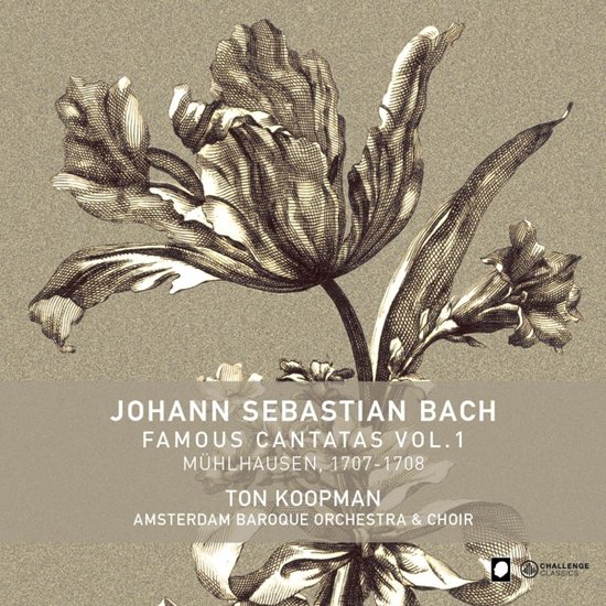 Pochette d'album avec un dessin de tulipe, texte: Johann Sebastian Bach Famous Cantatas Vol.1 Mülhausen 1707-1708 Ton Koopman Amsterdam Baroque Orchestra & Choir