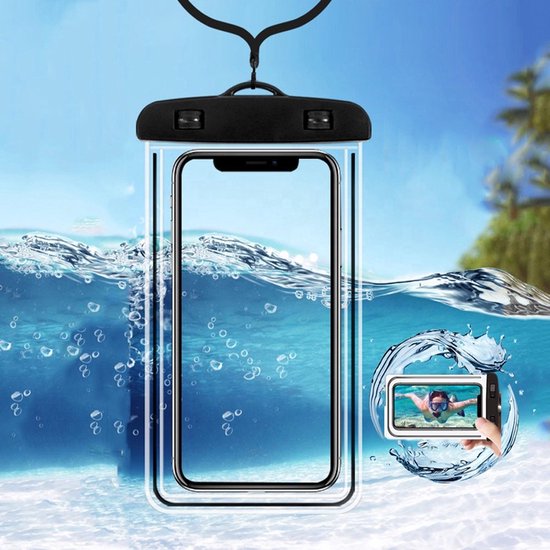 Zwarte waterdichte telefoonhoes hangend in het water, met een jongleur die een telefoon onder water vasthoudt.