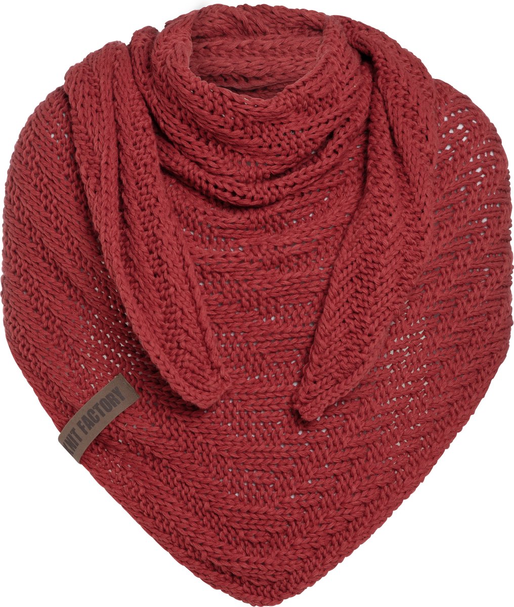 Knit Factory Sally Gebreide Omslagdoek - Driehoek Sjaal Dames - Dames sjaal - Wintersjaal - Stola - Wollen sjaal - Rode sjaal - Baked Apple - 220x85 cm - Grof gebreid