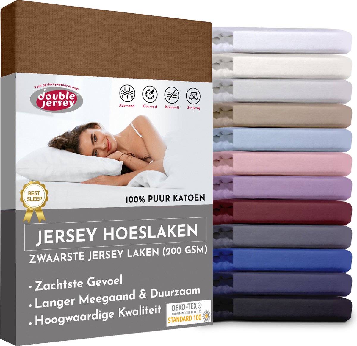 Double Jersey Hoeslaken - Hoeslaken 200x200+30 cm - 100% Katoen Bruin