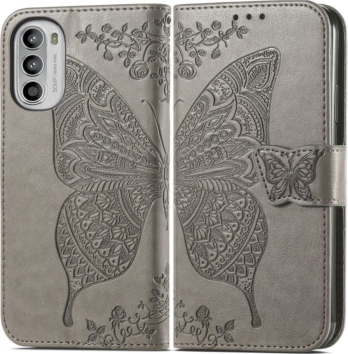 Mobigear Telefoonhoesje geschikt voor Motorola Moto G82 Hoesje | Mobigear Butterfly Bookcase Portemonnee | Pasjeshouder voor 3 Pasjes | Telefoonhoesje voor Pinpas / OV Kaart / Rijbewijs - Grijs