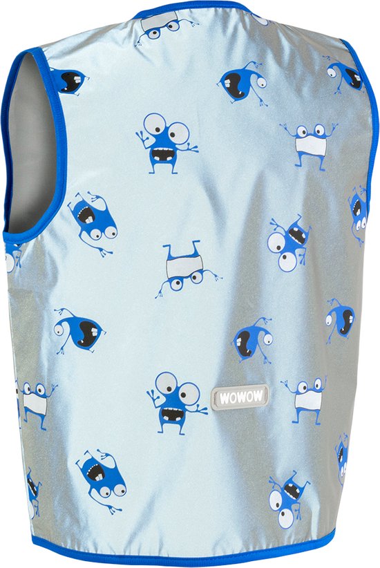 Lichtblauwe kinderhesjes met een all-over print van blauwe, cartoonachtige monsters met grote ogen. De randen zijn kobaltblauw.