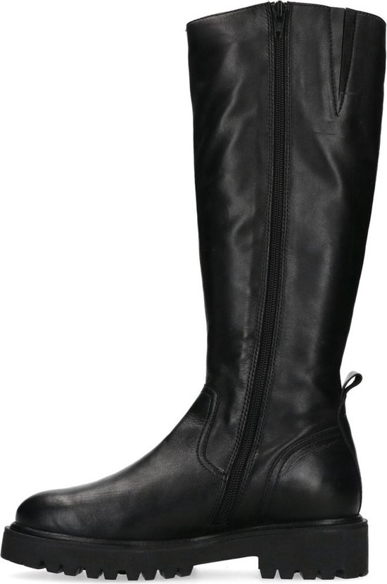 Manfield - Dames - Zwarte leren hoge laarzen met platte zool - Maat 37 |  bol.com